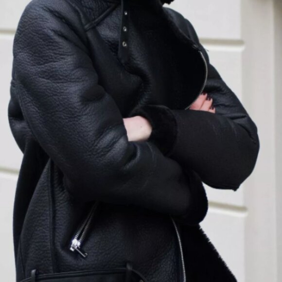 ZARA BLACK FAUX LEATHER SHEARLING FUR DOUBLE FACED BIKER JACKET AVIATOR COAT - Picture 3 of 10